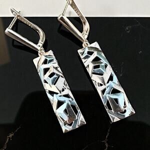 Brutalist Two-Tone Rose Gold Silver Geometric Modernist Dangle Earrings 2” Drop